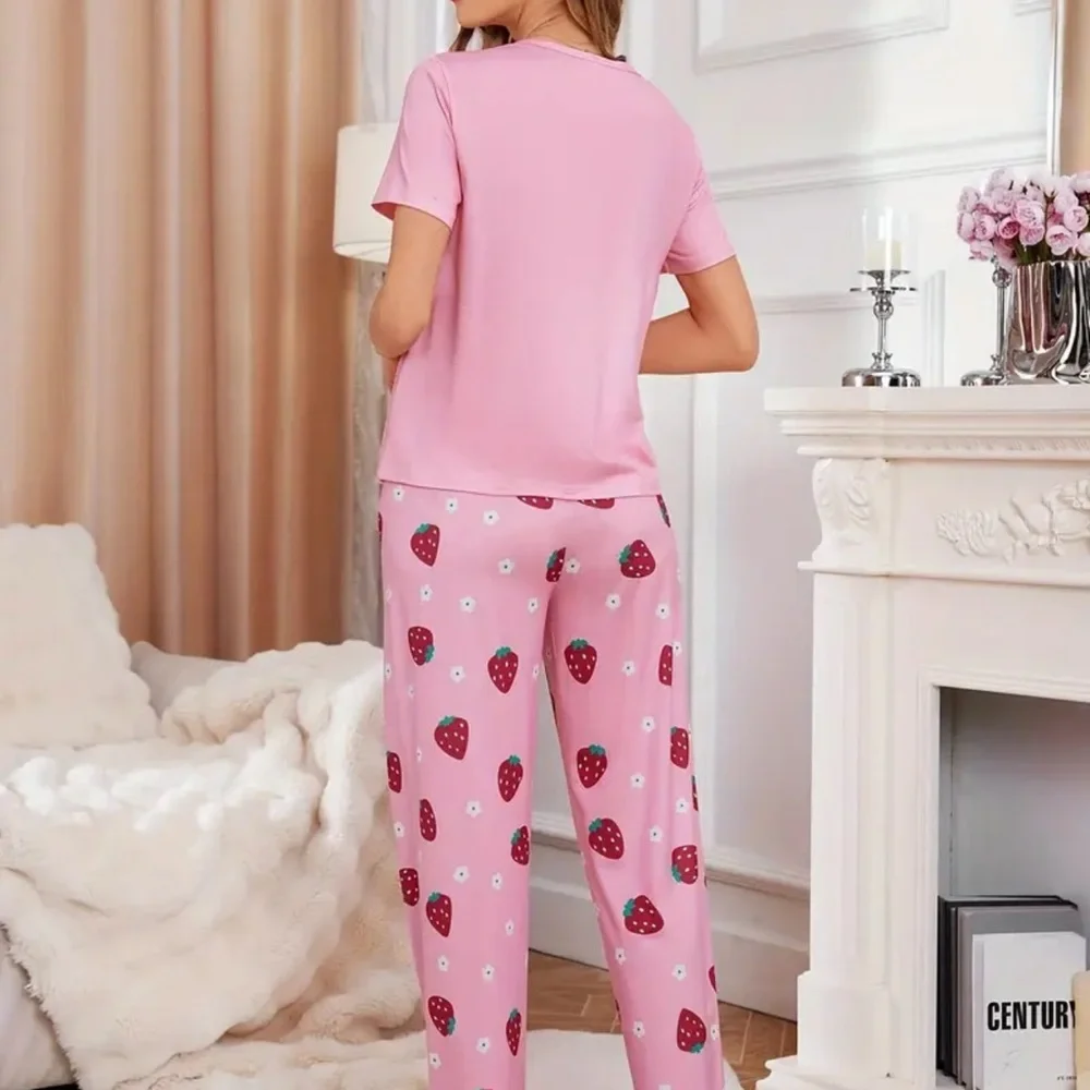 Strawberry Print Pajamas Set Pink Ted Women’s Size M